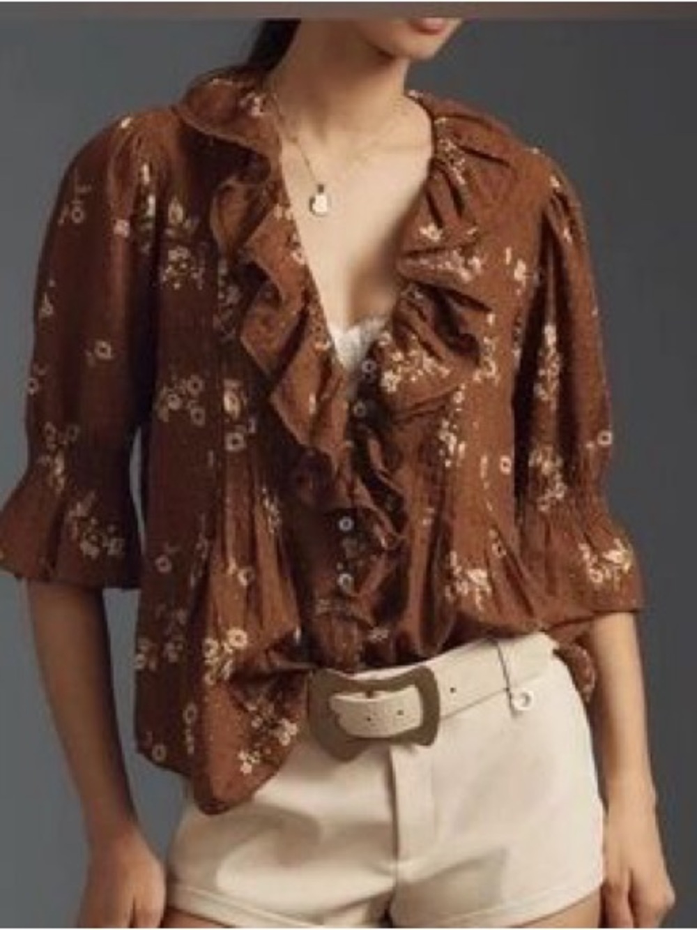 Anthropologie Brown Floral Ruffle Blouse XXS Cottagecore Boho